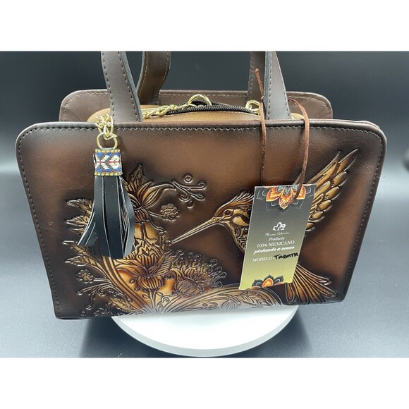Purse Handbag Cross Body Tote Leather Humming Bird Hand Made Painted Artisanal - Picture 5 of 7